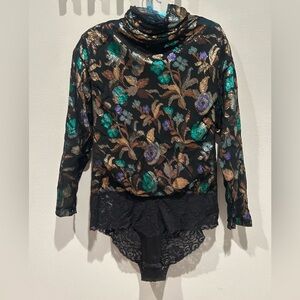 CHRISTIAN DIOR  Vintage Blouse Black Metallic Floral / Size Medium /